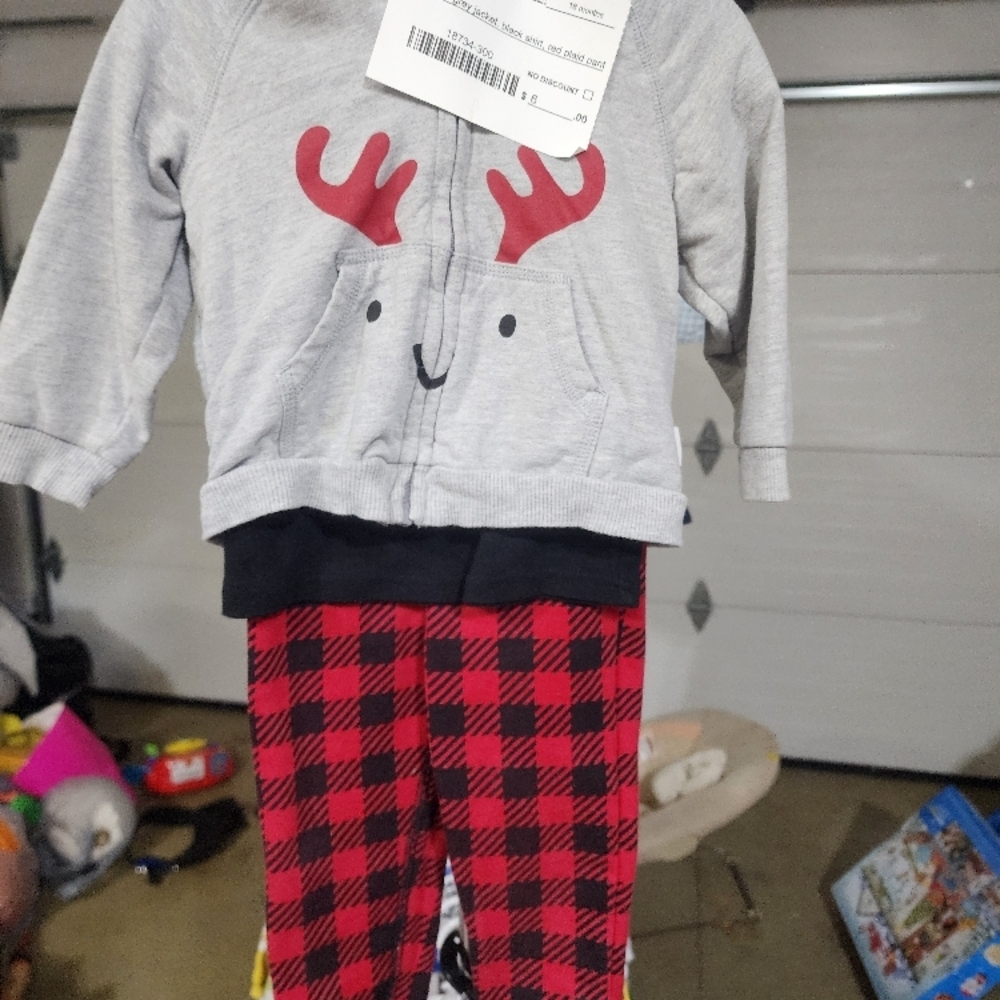 Gray Reindeer Sweatshirt and Red Plaid Kids Bottoms W/ Black Shirt